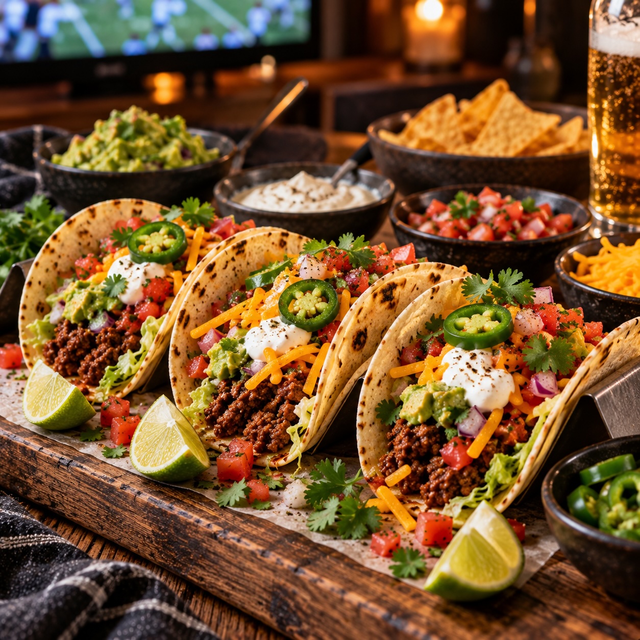 Fertige Beef Tacos mit Salsa, Cheddar, Jalapeños und Limette für einen Football-Abend